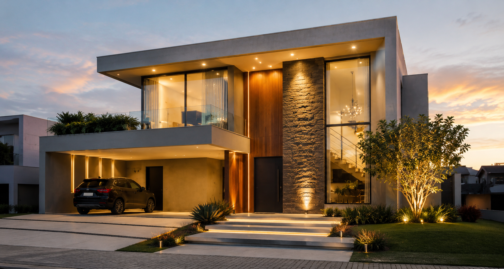 Casa moderna com piscina ao entardecer